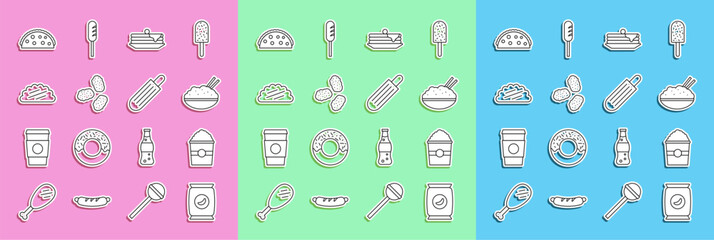 Set line Bag or packet potato chips, Popcorn in box, Rice bowl with chopstick, Stack of pancakes, Chicken nuggets, Taco tortilla, and French hot dog icon. Vector