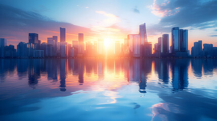 Fototapeta premium Picture of modern skyscrapers of a smart city, futuristic financial district with buildings and reflections , blue color background for corporate and business template with warm sun rays of light