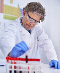 Scientist, blood and chemistry in laboratory, healthcare facility and results for medical research. Male person, science expert and doctor with sample for analysis, dna or forensic study in test tube