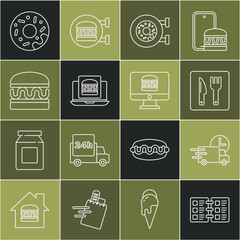 Set line Restaurant cafe menu, Fast delivery by car, Cafe and restaurant location, Donut, Online ordering burger, Burger, and icon. Vector