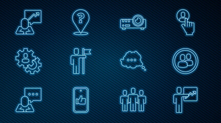 Set line Team leader, Project team base, Media projector, Head hunting, Speech bubble chat and Question mark icon. Vector