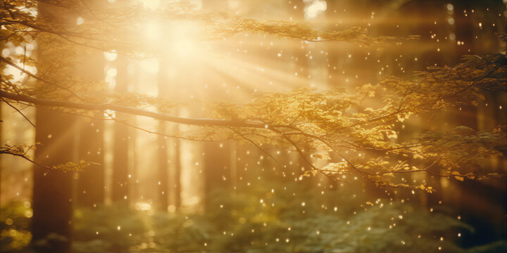 Mystical sun rays in foggy forest with golden and green leaves, fantasy landscape © louis