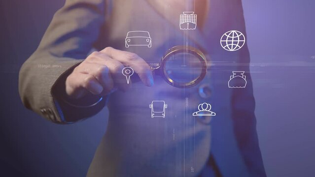 Cg footage. Silhouette of a woman with a magnifying glass around which electronic symbols of vehicles with a coordinate plane and moving numbers and words rotate. Flashing lighting. No face