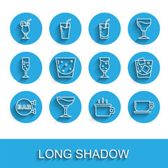 Set line Street signboard with Bar, Wine glass, Cocktail, Coffee cup, Glass rum, whiskey and beer icon. Vector