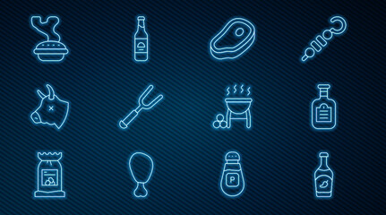 Set line Ketchup bottle, Sauce, Steak meat, Barbecue fork, Cow head, Homemade pie, grill and Beer icon. Vector