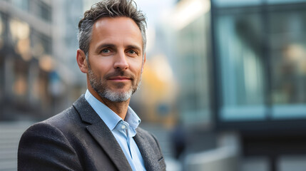 Fototapeta premium Portrait of a 40 years old man, light unshaven, casual business style with suit shirt but no tie , modern city background
