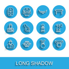 Set line Hockey coach, table, Ice hockey rink, Medal, Whistle, Air horn and Award cup icon. Vector