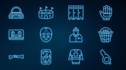 Set line Whistle, Hockey helmet, Locker or changing room, mask, mechanical scoreboard, Sport bag, coach and stadium icon. Vector
