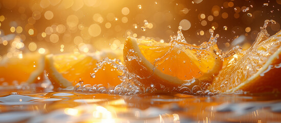 Orange in water splash. Juicy citrus fruit background. Healthy food.