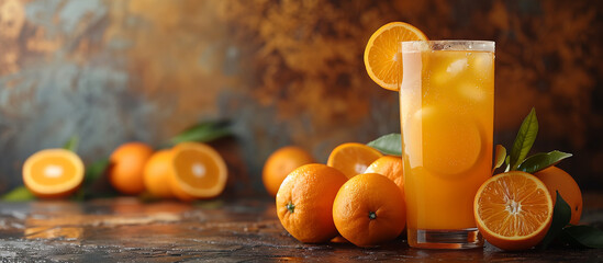 Fresh orange juice glass with ice cubes, Ripe oranges on background. - 759713971
