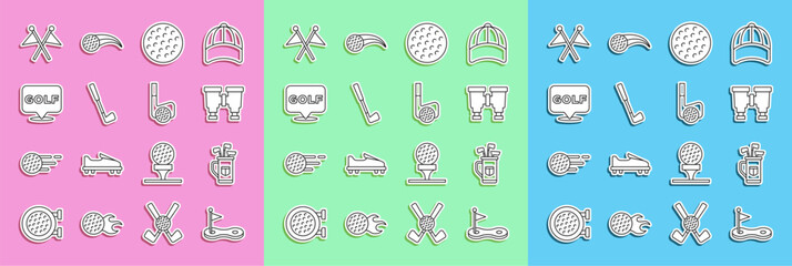 Set line Golf hole with flag, bag clubs, Binoculars, ball, label, and icon. Vector
