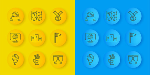 Set line Golf ball on tee, label, Award over sports winner podium, Binoculars, flag, Medal golf and course layout icon. Vector