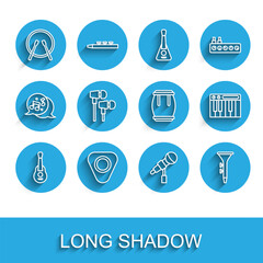 Set line Guitar, pick, Drum and drum sticks, Microphone, Air headphones, Music synthesizer and icon. Vector