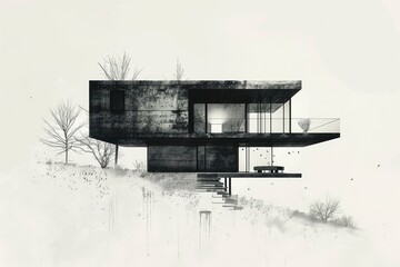 detailed sketch of a box house design, showcasing geometric simplicity and functional spaces generative ai