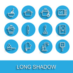 Set line Frying pan, Oven glove, Kitchen whisk with bowl, Water tap, Knife, Cookbook and Barbecue spatula icon. Vector