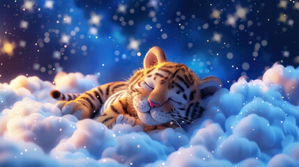 Cute little tiger sleeping on clouds  - 759714197