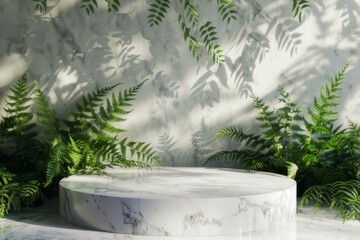 Round pedestal with white marble surface. It is decorated with delicate ferns all around.
