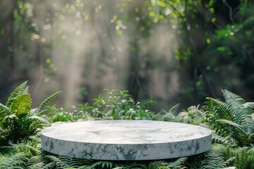 Round pedestal with white marble surface. It is decorated with delicate ferns all around. - obrazy, fototapety, plakaty