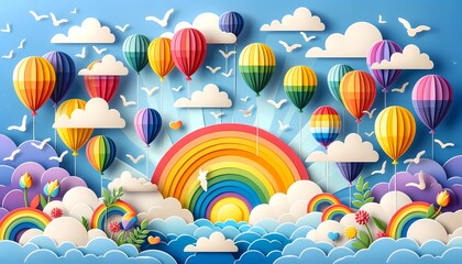 Fototapeta na wymiar Paper cut Art of Balloons with Rainbow Stripes Soaring in a Sunny Sky, Concept of Freedom and Adventure in Pride Month