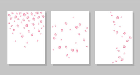 Set of backgrounds with flying pink rose petals. Vector illustration. Social media banner template, for stories, posts, blogs, postcards.