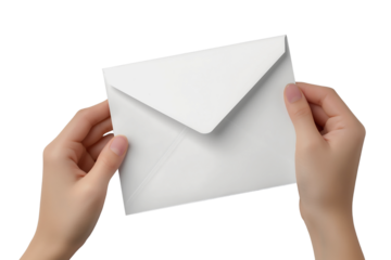 Hand holding white envelope with a blank paper inside isolated on a transparent background