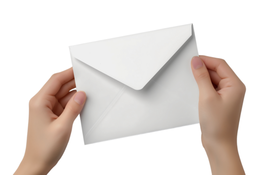 Hand holding white envelope with a blank paper inside isolated on a transparent background