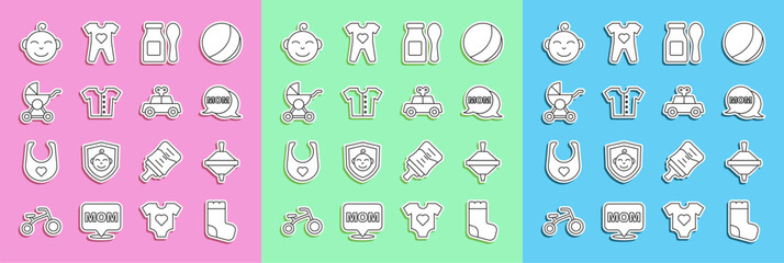 Set line Baby socks, Whirligig toy, Speech bubble mom, Yogurt in bottle with spoon, t-shirt, stroller, Little boy head and Toy car icon. Vector