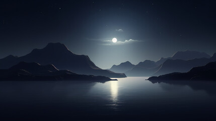 Night landscape with mountains and lake in dark blue and grey colors with white moon and stars.