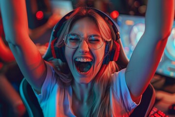 Female gamer celebrating winning an online video game
