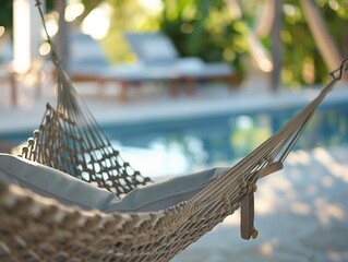 Travel concept with a hammock in a tropical beach with turquoise water in the background - obrazy, fototapety, plakaty