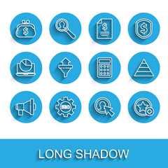 Fototapeta premium Set line Megaphone, Seo tag with gear wheel, Wallet dollar, User of man in business suit, Star, Sales funnel arrows, Pyramid chart infographics and Calculator icon. Vector