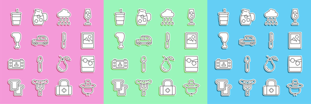 Set line Camping hat, Glass of whiskey with ice, Photo frame, Cloud rain, Car, Chicken leg, Paper glass water and Knife icon. Vector