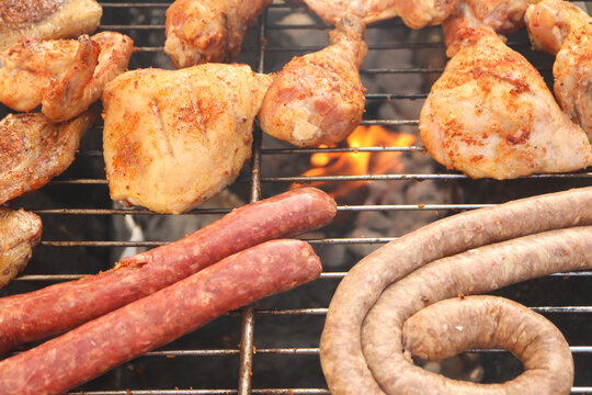 South African braai including Boerewors sausage, chicken 