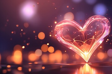 Abstract background of a crystal shiny heart, glow particles, luxury light bokeh wallpaper. Heart decoration. Love concept