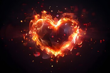 Abstract dark background of a hot burning fiery heart, luxury bokeh wallpaper. Heart decoration. Love concept
