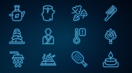 Set line Aroma candle, Sauna broom, Oak leaf, Man in the sauna, Stack hot stones, Teapot with, thermometer and Wooden log icon. Vector