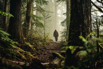 Rare shot of the mysterious bigfoot in a mysterious forest. - obrazy, fototapety, plakaty