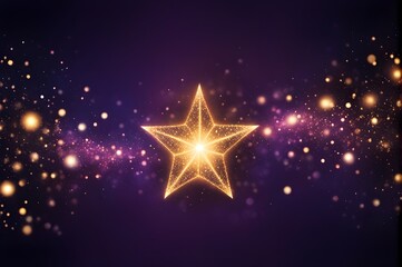 Abstract purple background of a golden sparkling star, glow particles, luxury light shine bokeh horizontal wallpaper. 