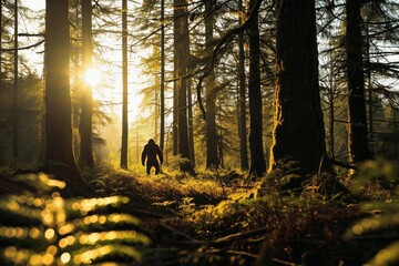 Rare shot of the mysterious bigfoot in a mysterious forest. - obrazy, fototapety, plakaty