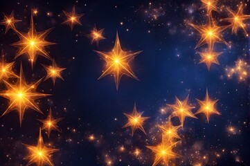 Abstract night background of golden shiny stars, glow particles, and luxury light shines bokeh horizontal wallpaper. 