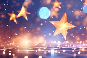 Abstract background of golden stars, glow particles, and luxury light shines bokeh horizontal wallpaper. 