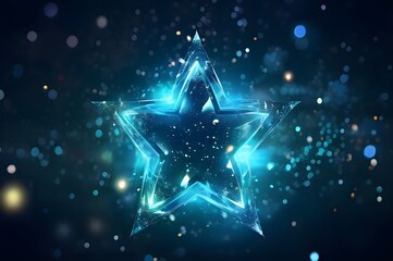 Abstract dark background of a blue icy star, glow particles, luxury light bokeh horizontal wallpaper. 