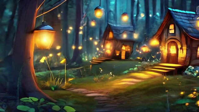 Enchanted forest with glowing lanterns and magical houses. Twinkling lights amidst the trees. Magical cottages. Concept of fantasy, fairy tale, and mystical adventure.