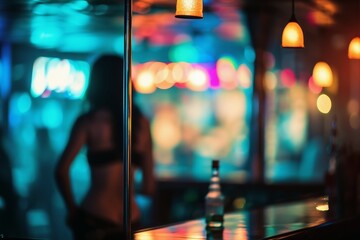 View of a bar at a pole dancer in the blurred background.