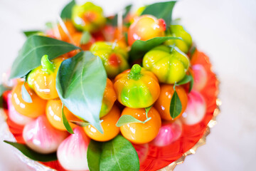 Luk Chub, colorful Thai dessert, delicious to eat  made from mung-bean flour and agar - obrazy, fototapety, plakaty