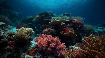 Fototapeta na wymiar Ultrawide Coral Reef wallpaper. Sea flower. Living coral and reef. Colorful coral reef. The deep water of the sea ocean environment. 4K Coral reef wallpaper. Tropical coral reef.