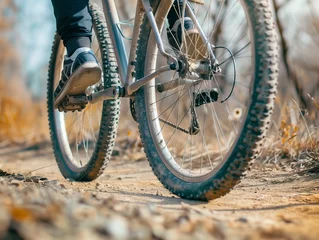 Foto auf Acrylglas Bike at the summer sunset on the tiled road in the city park. Cycle closeup wheel on blurred summer background. Cycling down the street to work at summer sunset. Bicycle and ecology lifestyle concept. © Svetlana