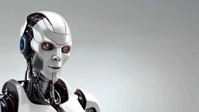 Humanoid robot with glowing red eyes. Futuristic artificial intelligence concept for technology and robotics design. Modern white android. Plain light background. Copy space. Motion