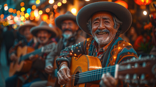 Fototapeta Spanish street musicians in sombreros, ponchos and guitars sing songs on the street