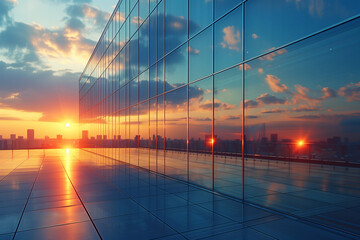 The sun sets behind a modern glass building with solar panels on its roof